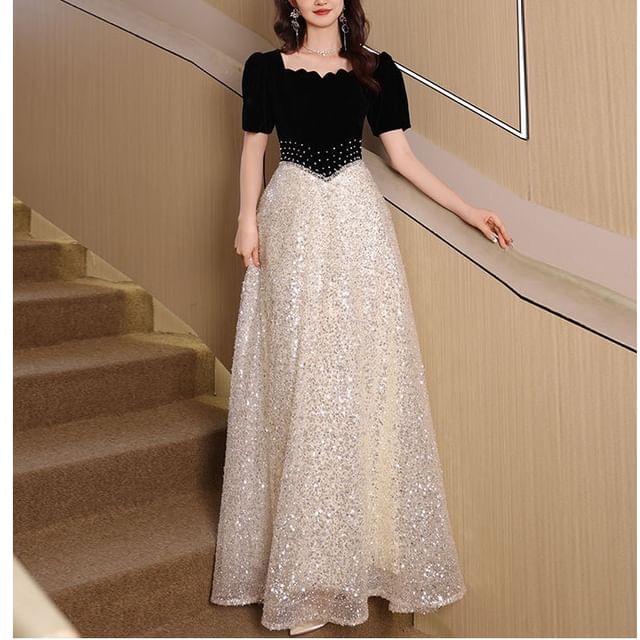 MSSBridal-Short-Sleeve Square Neck Sequin Embellished A-Line Evening Gown