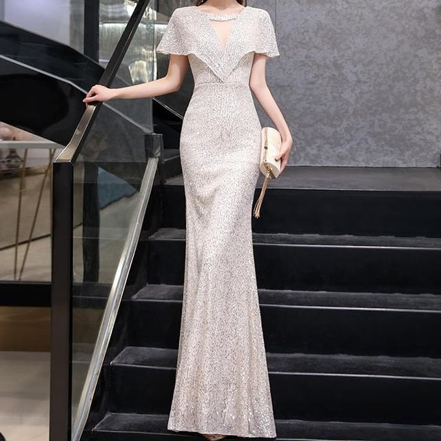 MSSBridal-Short-Sleeve V-Neck Sequin Sheath Evening Gown