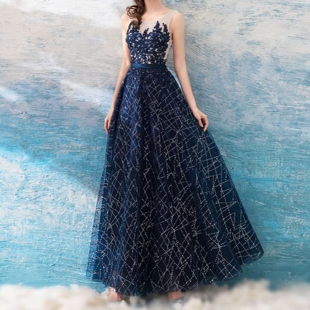 MSSBridal-Sleeveless Glitter A-Line Evening Gown