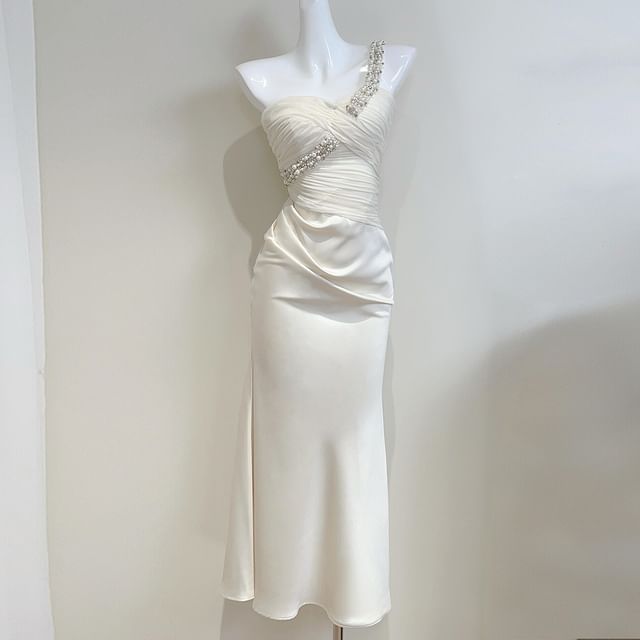 MSSBridal-Sleeveless One-Shoulder Plain Bead Ruched Sheath Wedding Dress