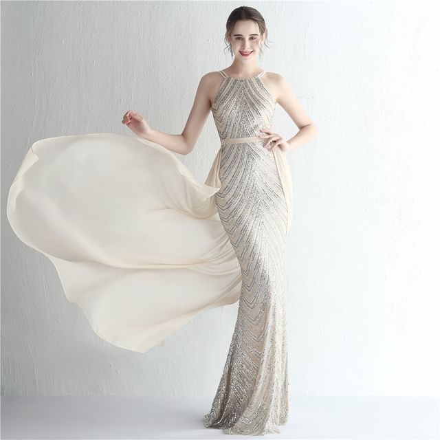 MSSBridal-Spaghetti Strap Sequin Sheath Evening Gown