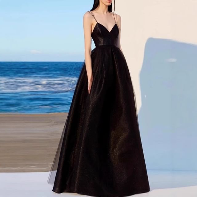 MSSBridal-Spaghetti Strap V-Neck Plain A-Line Evening Gown