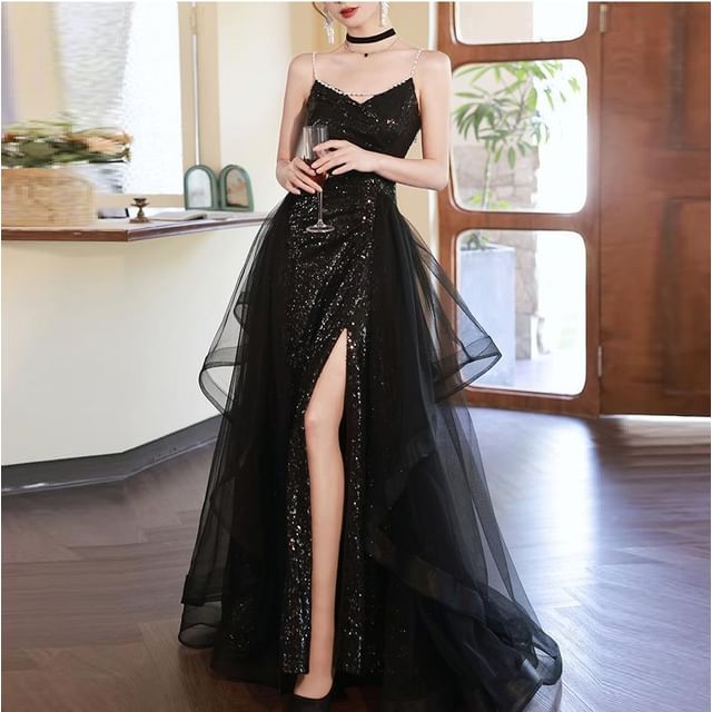 MSSBridal-Spaghetti Strap V-Neck Sequined A-Line Evening Gown