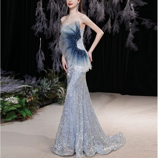MSSBridal-Strapless Gradient Sheer Panel Sequin Mermaid Evening Gown