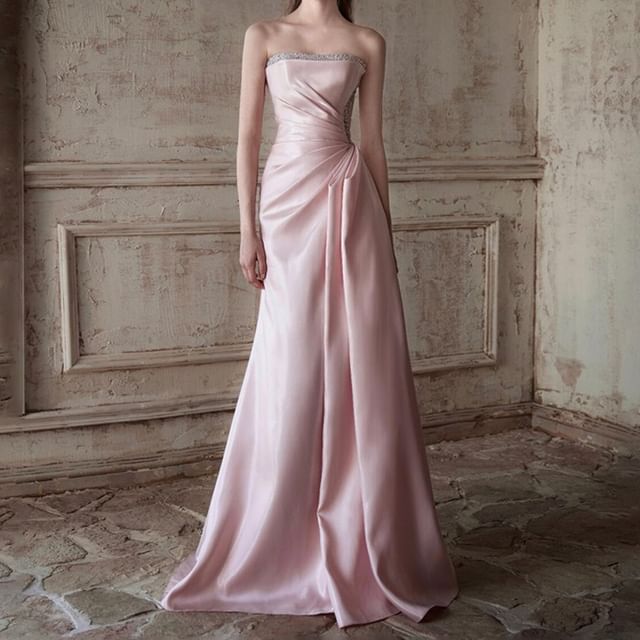 MSSBridal-Strapless Sequin Panel Ruched Mermaid Evening Gown