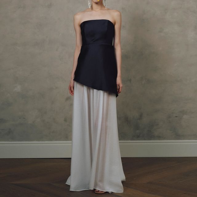 MSSBridal-Strapless Two Tone Panel A-Line Evening Gown