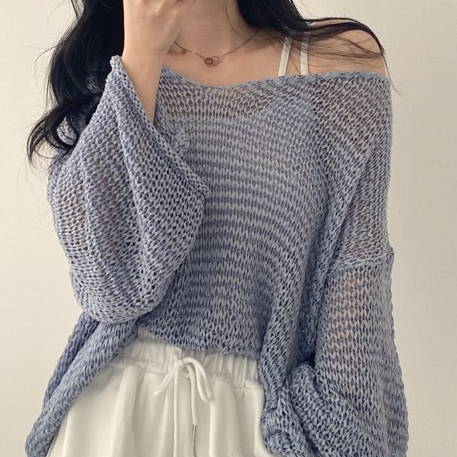 Muezz-Long-Sleeve Off-Shoulder Plain Perforated Knit Top