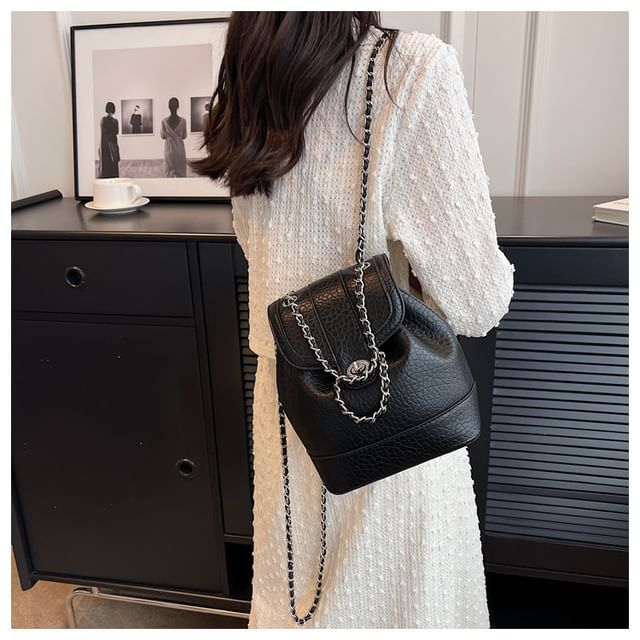 Mulgam-Chain Strap Plain Faux Leather Flap Backpack