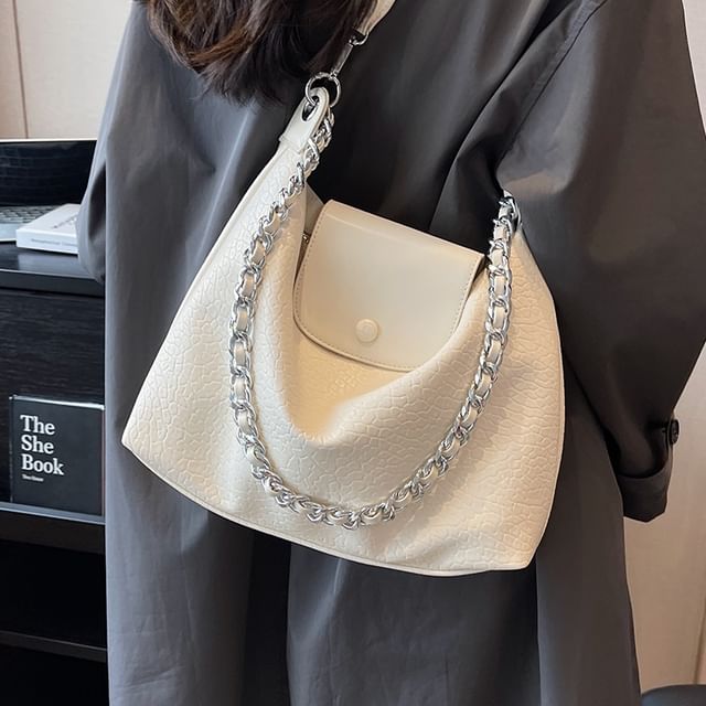 Mulgam-Chain Strap Plain Faux Leather Tote Bag