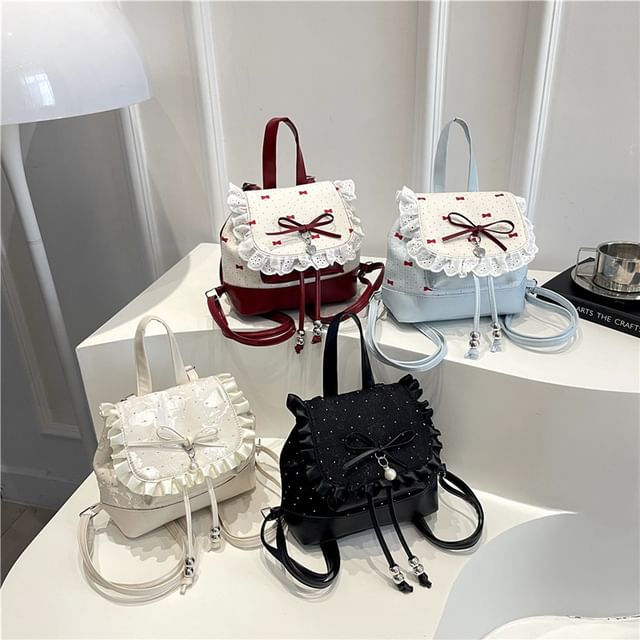 Mulgam-Faux Leather Lace Trim Flap Backpack