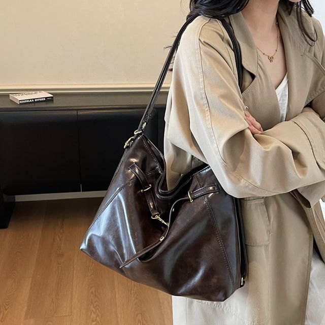 Mulgam-Faux Leather Plain Zip Tote Bag