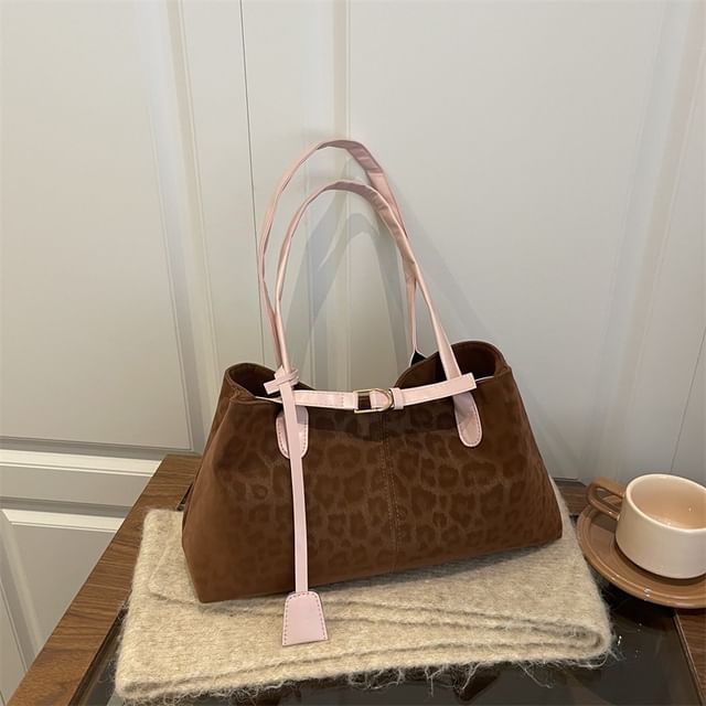 Mulgam-Leopard Print Buckled Tote Bag