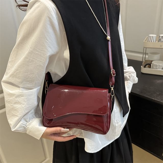 Mulgam-Plain Faux Leather Flap Crossbody Bag