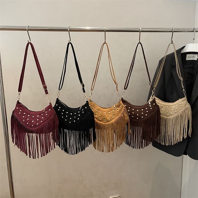 Mulgam-Studded Fringed Hem Shoulder Bag