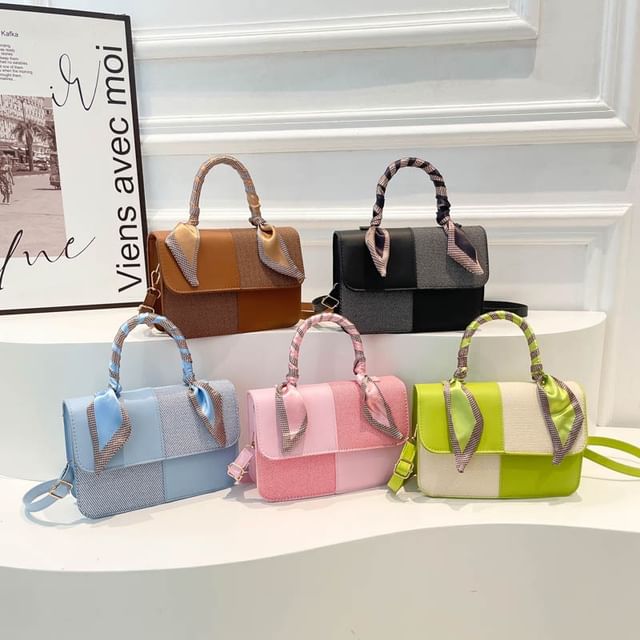 Mulgam-Top Handle Two Tone Flap Crossbody Bag