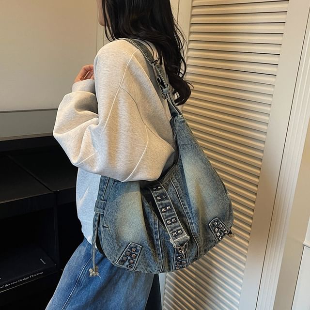 Mulgam-Washed Denim Studded Tote Bag