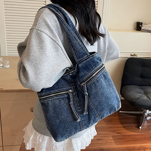 Mulgam-Washed Denim Zip Tote Bag