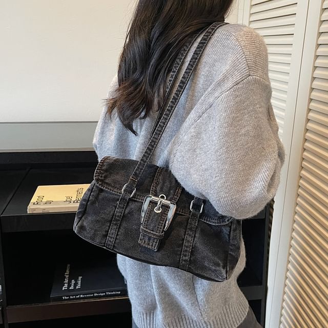Mulgam-Washed Flap Buckled Denim Shoulder Bag