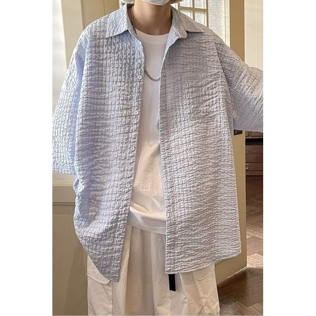Myanderthal-34-Sleeve Collared Plain Textured Button Up Shirt