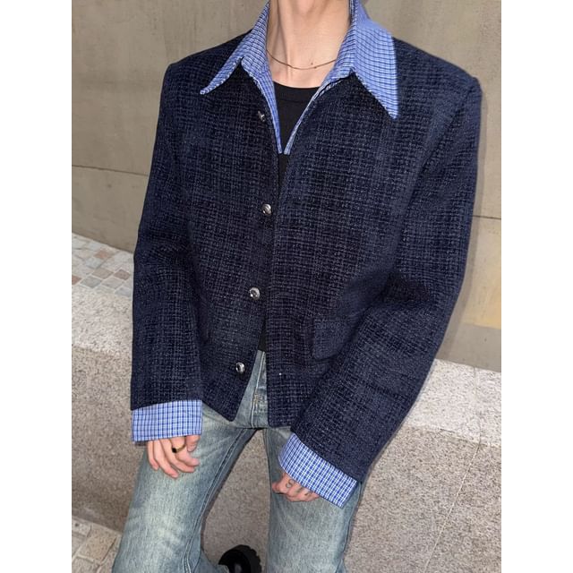 Myanderthal-Collared Plaid Panel Mock Two Piece Button Jacket