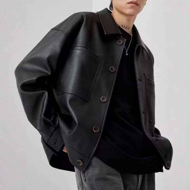 Myanderthal-Collared Plain Faux Leather Button Up Jacket