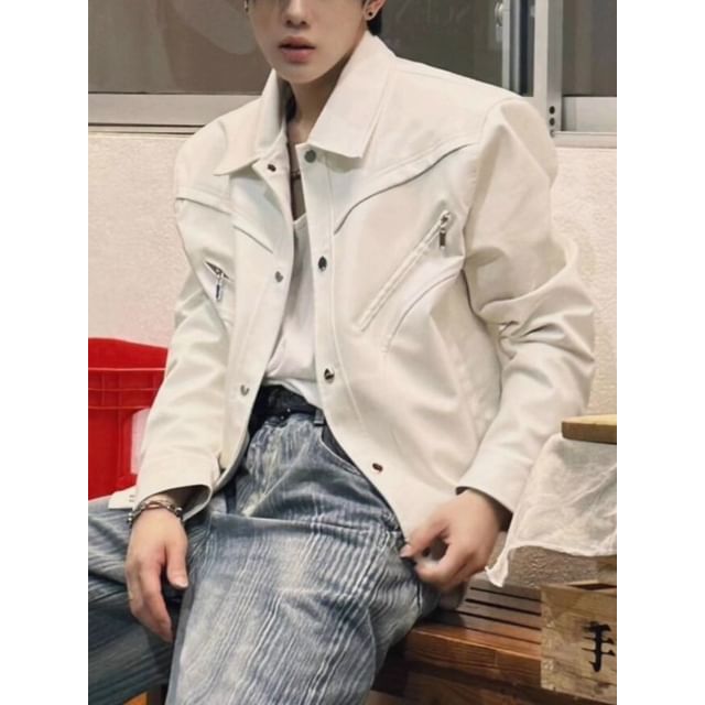 Myanderthal-Collared Plain Faux Leather Button Up Jacket