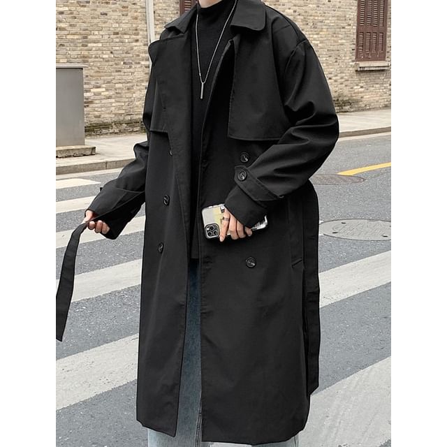 Myanderthal-Collared Plain Midi Double Breasted Trench Coat