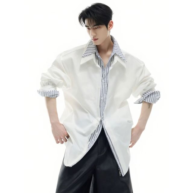 Myanderthal-Collared Striped Mock Two Piece Oversized Button Shirt