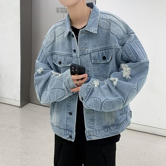 Myanderthal-Collared Washed Distressed Button Denim Jacket