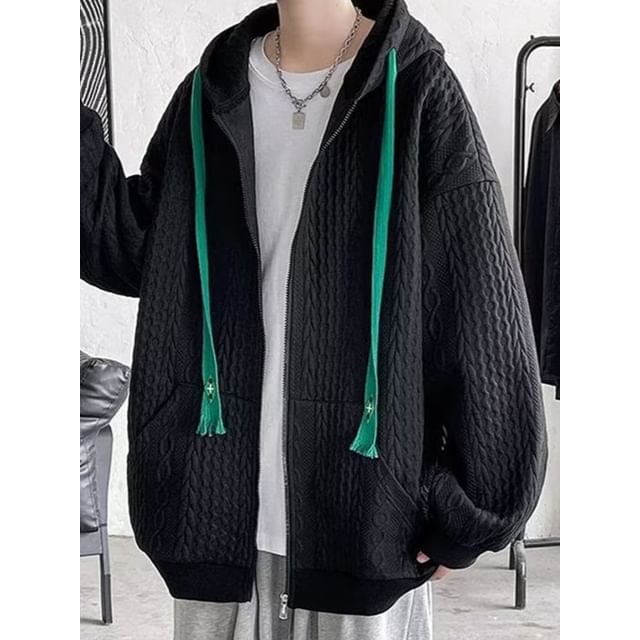Myanderthal-Contrast Drawstring Embossed Zip Hoodie