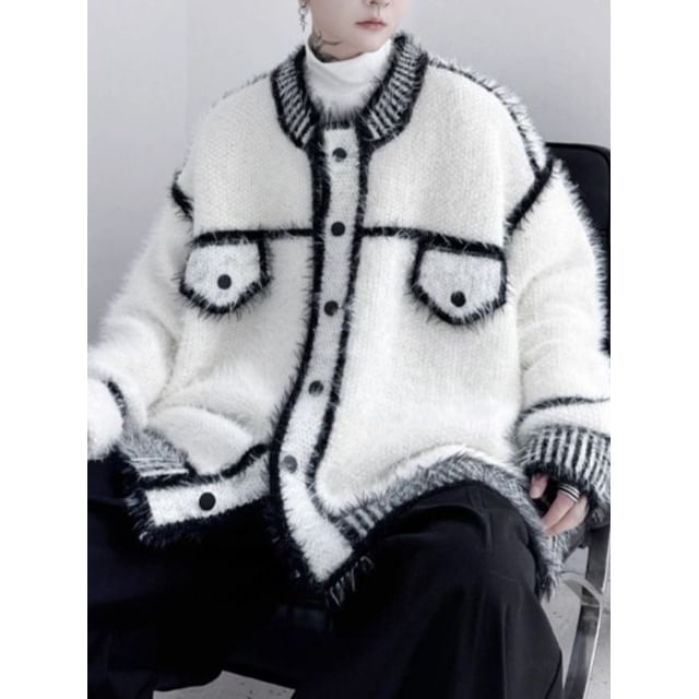Myanderthal-Crew Neck Contrast Trim Oversized Button Cardigan