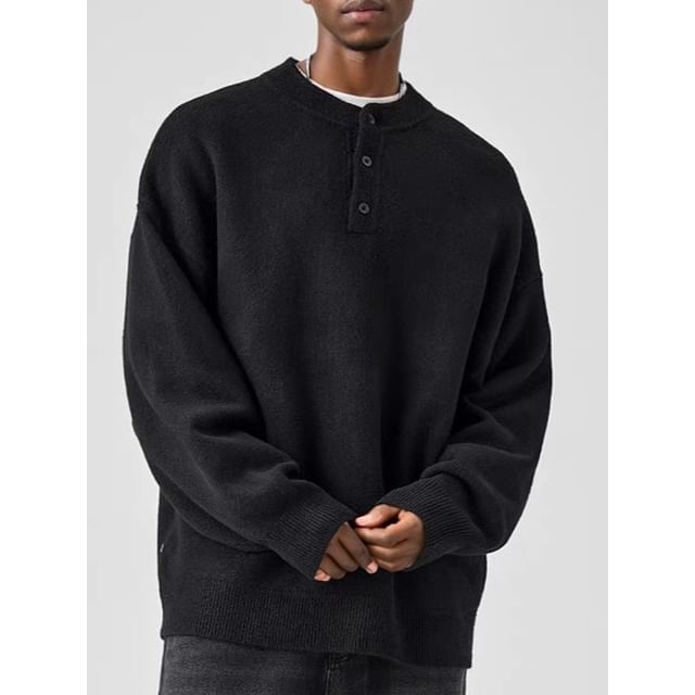 Myanderthal-Crew Neck Drop Shoulder Plain Henley Sweater