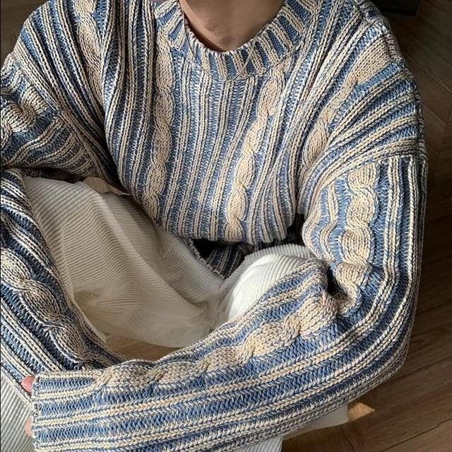 Myanderthal-Crew Neck Striped Cable Knit Sweater