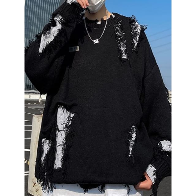 Myanderthal-Crew Neck Two Tone Distressed Sweater
