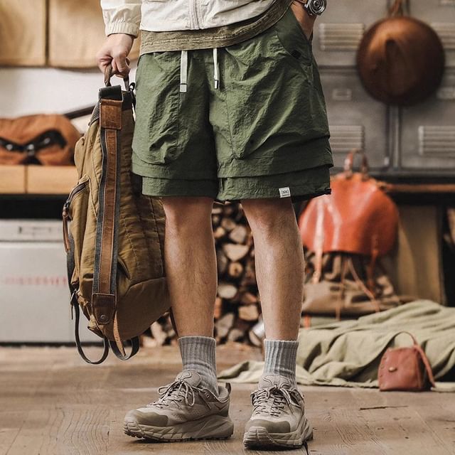 Myanderthal-Drawstring Waist Plain Cargo Shorts
