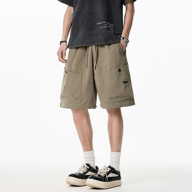 Myanderthal-Drawstring Waist Plain Cargo Shorts