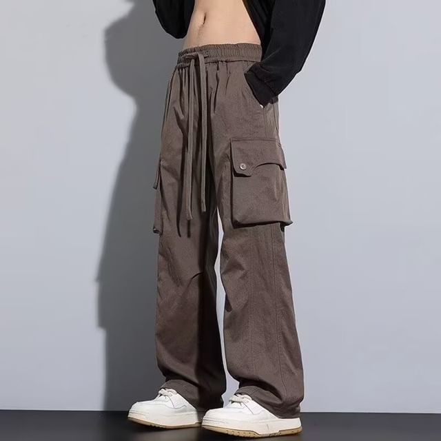 Myanderthal-Drawstring Waist Plain Straight Leg Cargo Pants