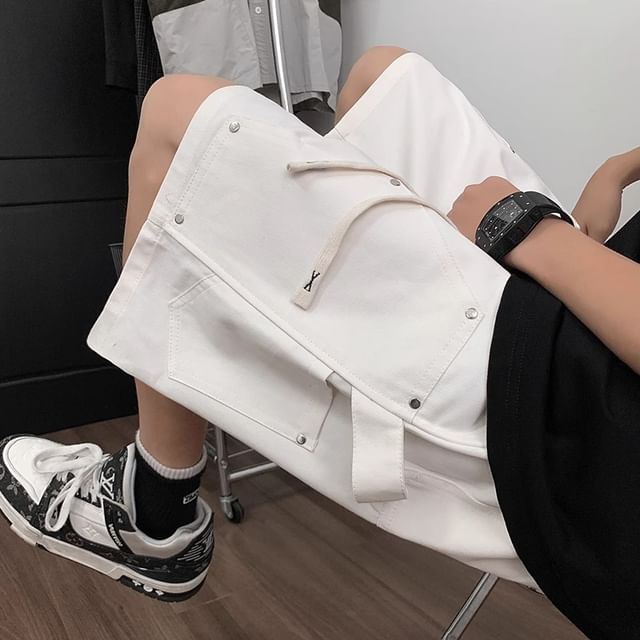 Myanderthal-Drawstring Waist Plain Studded Panel Shorts