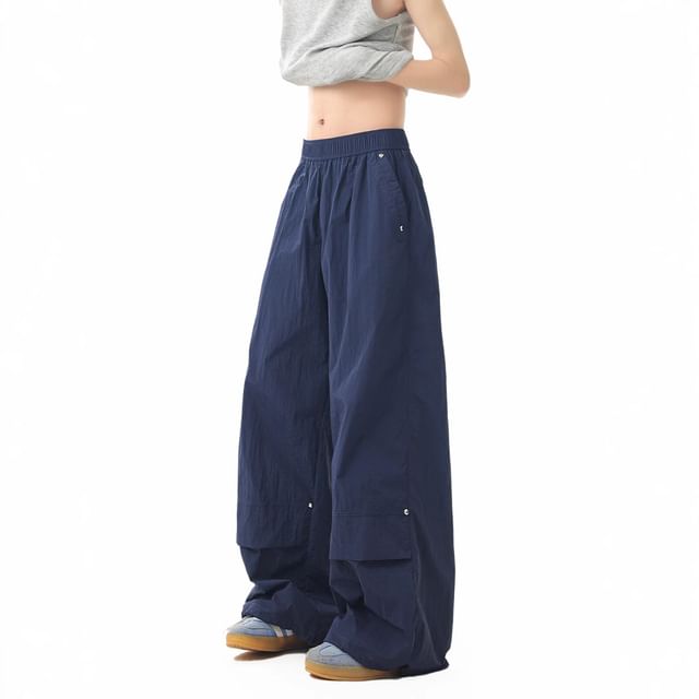 Myanderthal-Elastic Waist Plain Wide Leg Pants