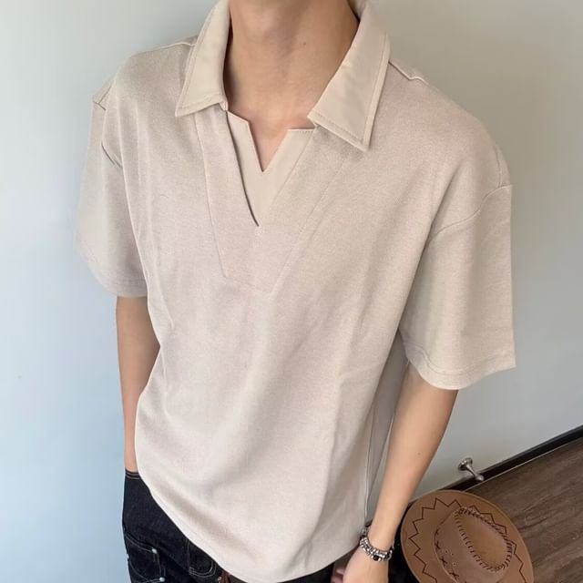 Myanderthal-Elbow-Sleeve Collared Plain T-Shirt
