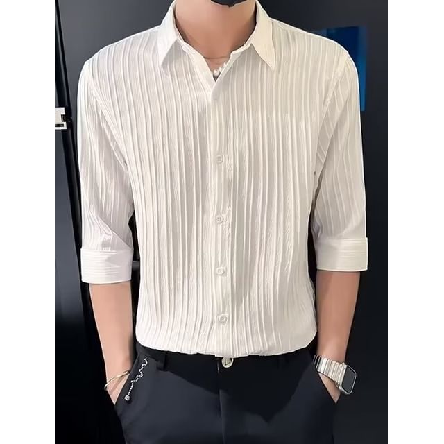Myanderthal-Elbow-Sleeve Collared Plain Textured Button Up Shirt