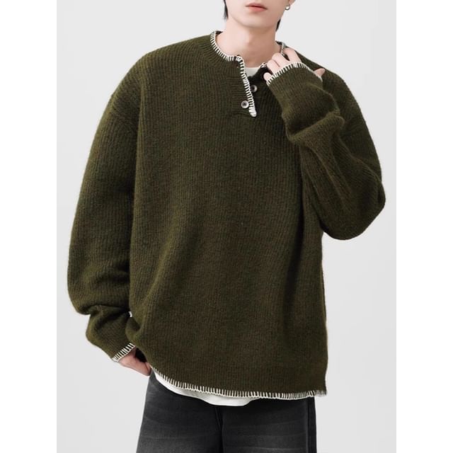 Myanderthal-Henley Contrast Stitching Sweater
