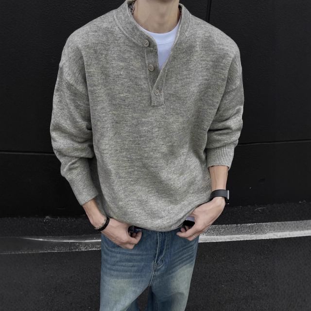 Myanderthal-Henley Neck Plain Sweater