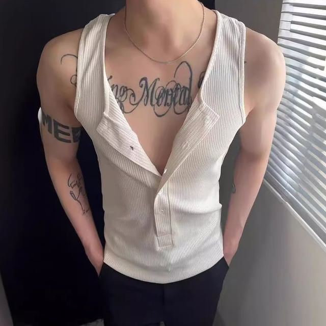 Myanderthal-Henley Plain Ribbed Tank Top
