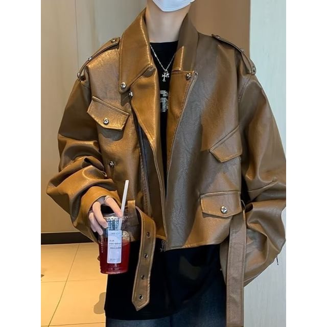 Myanderthal-Lapel Collar Faux Leather Plain Zip Jacket