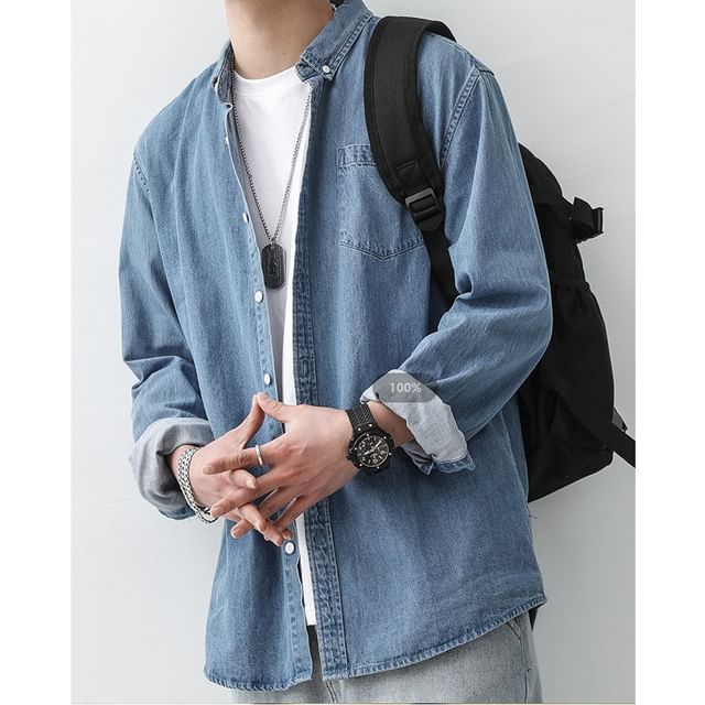 Myanderthal-Long Sleeve Button-Down Collar Washed Denim Shirt
