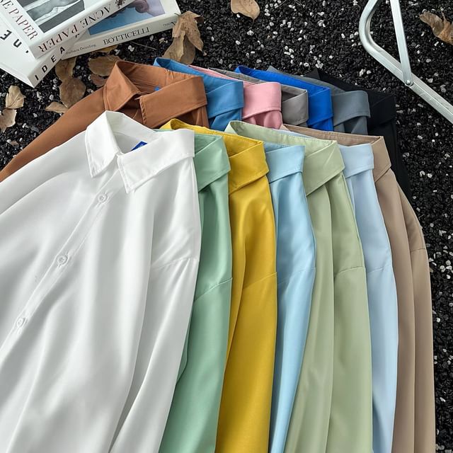 Myanderthal-Long Sleeve Collar Plain Button Up Shirt