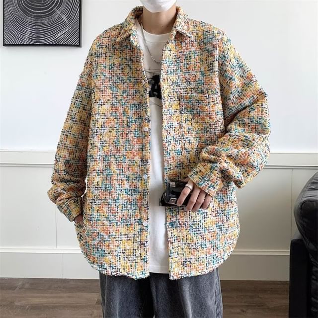 Myanderthal-Long-Sleeve Collared Melange Button Up Shirt