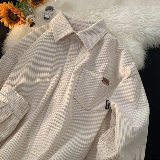 Myanderthal-Long Sleeve Collared Plain Corduroy Button Up Shirt