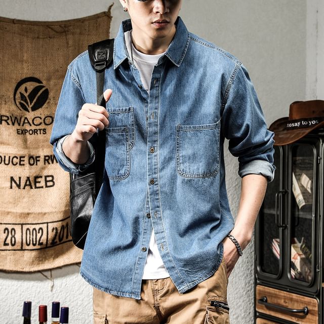 Myanderthal-Long-Sleeve Collared Washed Denim Button Up Shirt